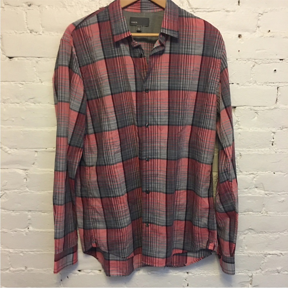 Vince men’s cotton button up shirt pink plaid size large